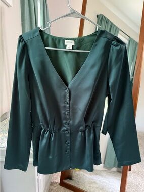 J. Crew Emerald Satin V-Neck Button-Front Blouse